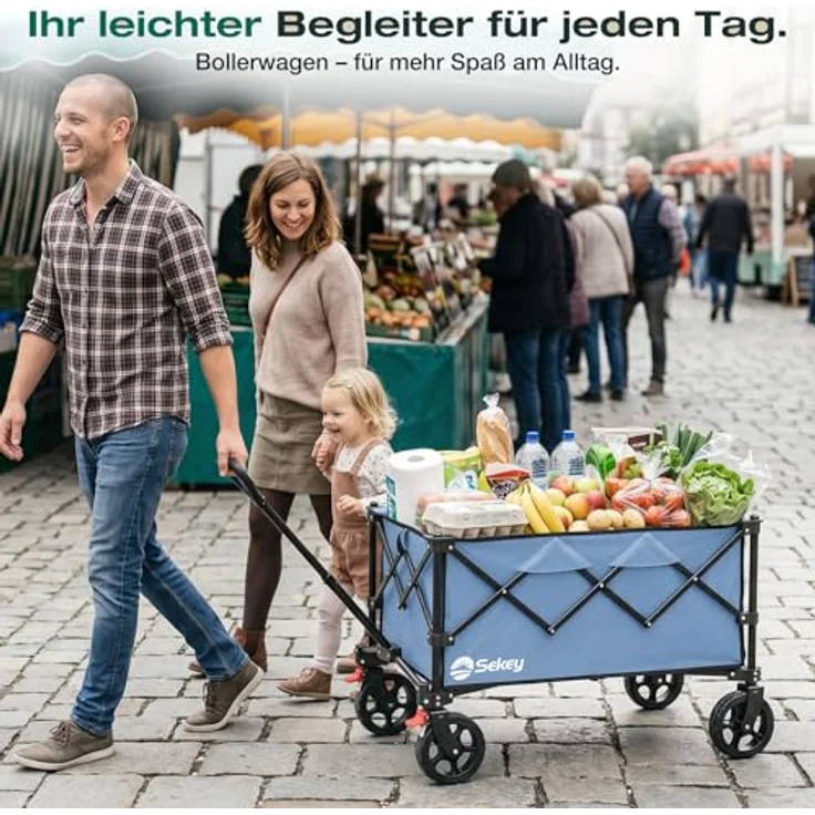 Sekey Bollerwagen Faltbar XXL 4026, 135L Volumen, 150KG belastbar, klappbar mit Geländereifen und Bremse, blau – Bild 2