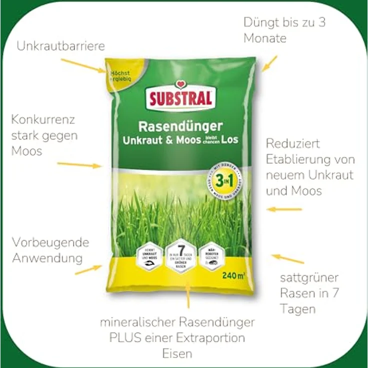 Substral Rasendünger Unkraut & Moos bleibt chancenlos, 7,2kg für 240qm, sattgrüner Rasen in 7 Tagen, düngt bis zu 3 Monate, Grün – Bild 4