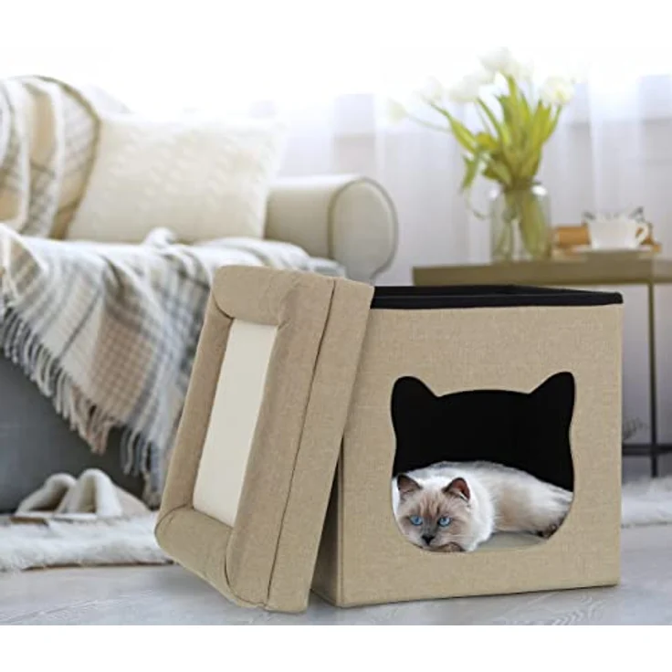 Relaxdays Katzenhöhle Indoor, Schlafplatz für Samtpfoten, Katzenbox 2 Etagen, faltbar, HBT: 44 x 40 x 40 cm, braun/weiß – Bild 5