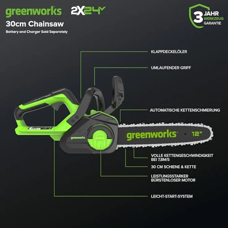 Greenworks Akku-Kettensäge GD24X2CS36 Li-Ion 2x24V 20m s Kettengeschwindigkeit 36cm Schwertlänge 200 – Bild 8