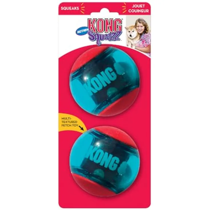KONG Squeezz Action Ball, Rot - Interaktives, Quietschendes Apportierspielzeug mit Mehrfachen Texturen - Für Große Hunde