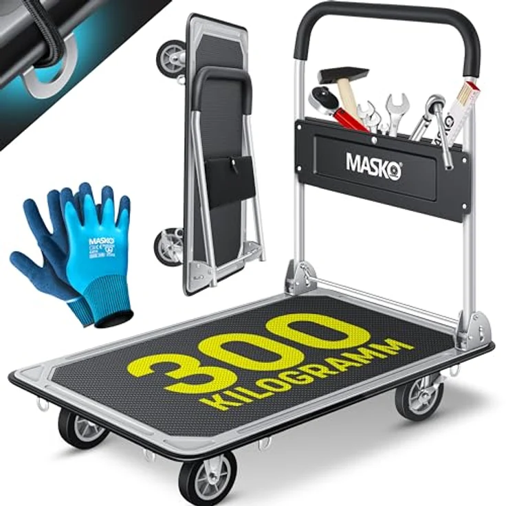 MASKO Plattformwagen Transportwagen Klappbar, robuster Stahlrahmen, 300 kg Tragfähigkeit, inklusive Arbeitshandschuhe – Bild 1