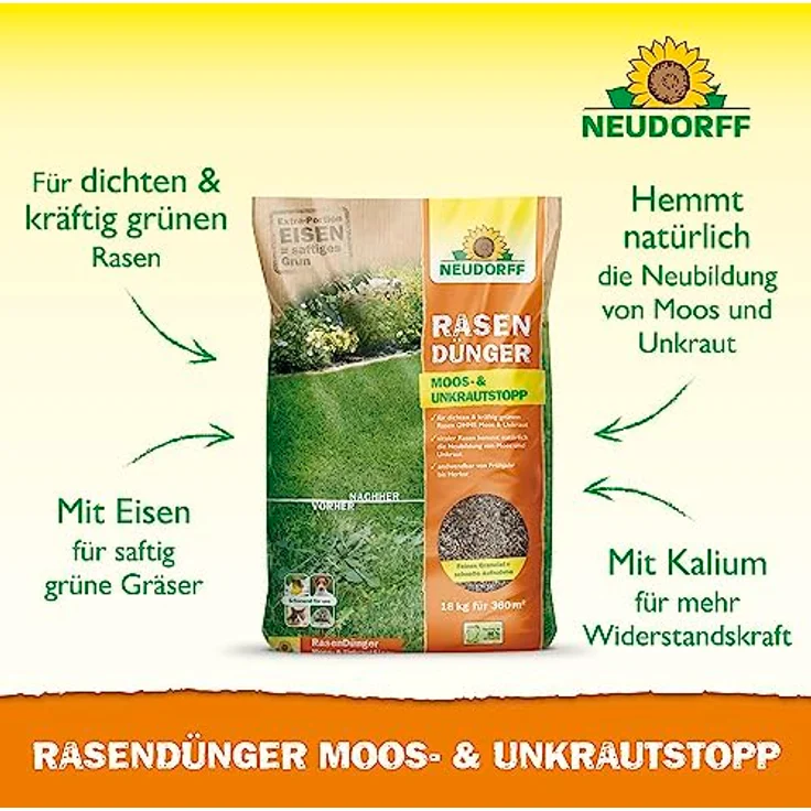 Neudorff RasenDünger Moos- & UnkrautStopp 18 Kg für 360m², organisch-mineralischer Dünger mit Eisen und Kalium für dichtes, saftiges Grün – Bild 2