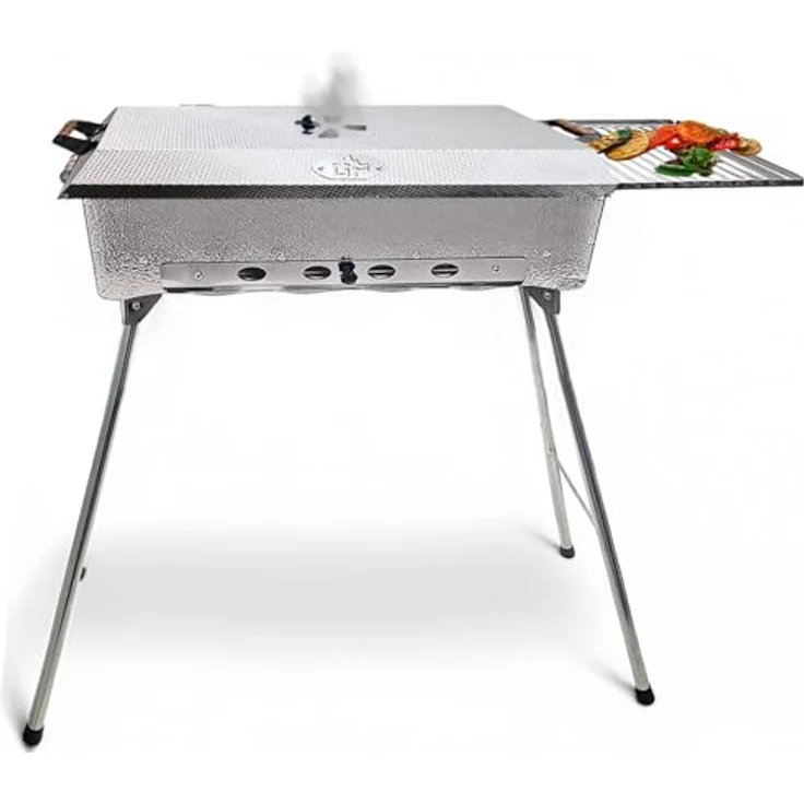 Grillpeter Holzkohlegrill Schaschlikgrill Astana Deluxe Mangal rostfreiem Edelstahl 1,5mm, mit BBQ Deckel und Seitenablage, Silber – Bild 2