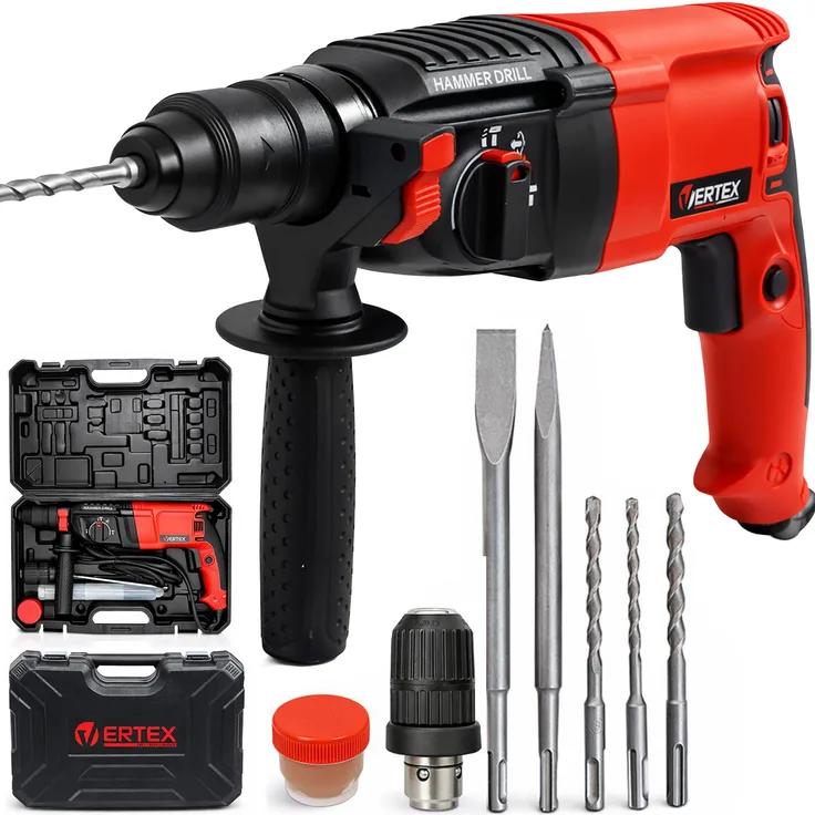 VERTEX SDS Plus Bohrhammer 900W, 2,4 J Schlagkraft, Set mit Koffer und Zubehör für Beton, Metall und Holz