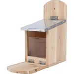 Holz Futterhaus mit Metalldach für Eichhörnchen - 26 x 25 cm - Wildtier Futterstelle mit Sitzplattform - Massivholz Futterstation Futterautomat Futterplatz zum Hängen mit Acrylglasscheibe wetterfest