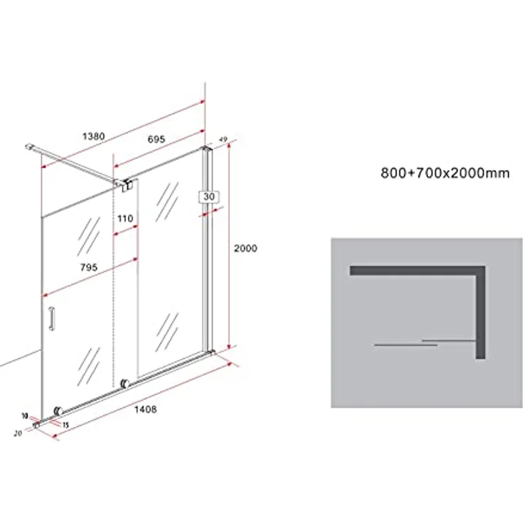 Glasdeals Schiebetür-Duschwand TRAVERSO, 140 x 200 cm, Sicherheitsglas, verchromtes Aluminiumprofil, leicht montierbar – Bild 7