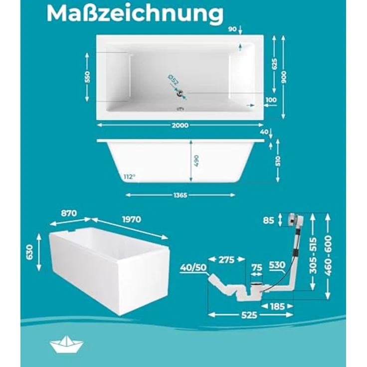 Calmwaters® Acryl Premium Badewanne Komplettset 200x90 cm, Duo-Badewanne für 2 Personen, Made in EU, mit Wannenträger & Ablaufgarnitur, pflegeleichtes Sanitäracryl, vollisoliert – Bild 5