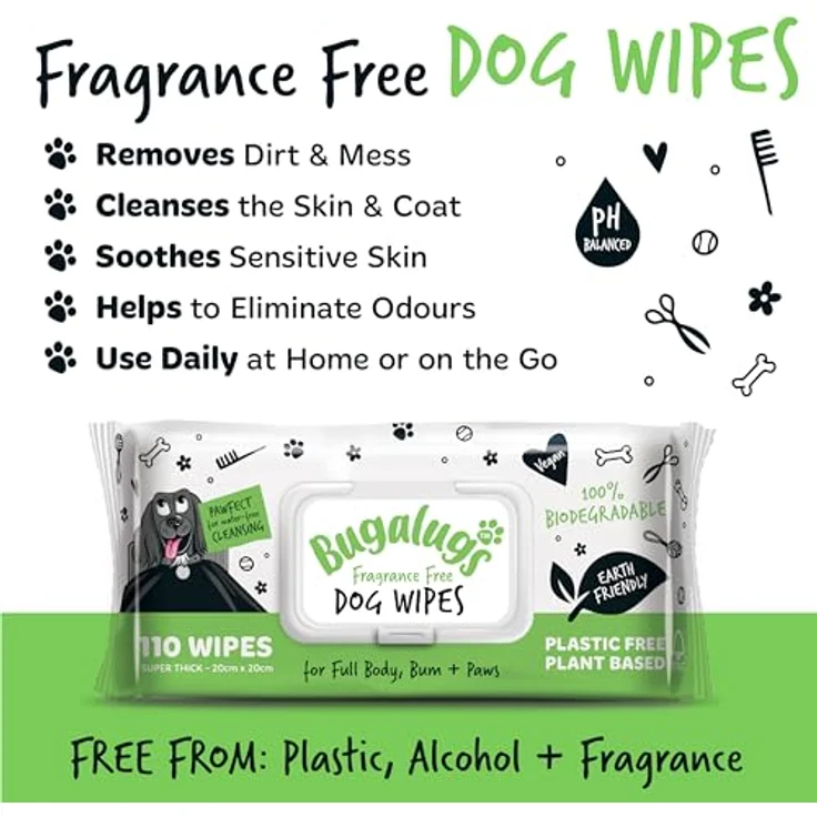 Bugalugs Fellpflege 110 Feuchttücher für Hunde, biologisch abbaubar, hypoallergen, sanfte Reinigungstücher für empfindliche Haut, 20 cm x 20 cm – Bild 8