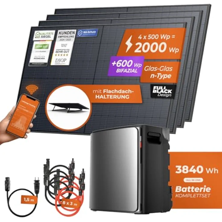 Solarway Balkonkraftwerk 2000Wp / 800W mit 3,8 kWh EcoFlow Stream Ultra X Speicher – Komplettset mit 4 x 500W Solarmodulen, steckerfertige Mini-Solaranlage für die Steckdose – Bild 2