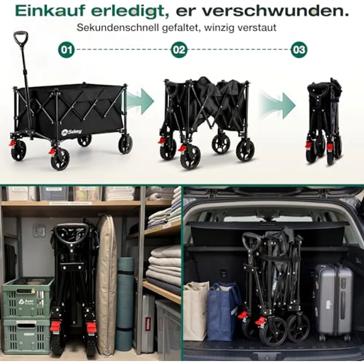 Sekey Faltbarer Bollerwagen XXL 135L, 150KG belastbar, klappbar mit Geländereifen und Bremse, patentierter 4-Wege-Sofortaufbau, Schwarz – Bild 4