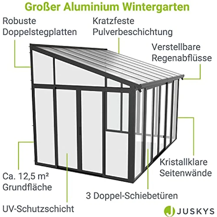 Juskys Wintergarten 12,5 m² - mit kristallklaren Wänden, Doppel-Schiebetüren & UV-Schutz - wasserdicht & winterfeste Überdachung aus Aluminium - Grau - Preisvergleich – Bild 3