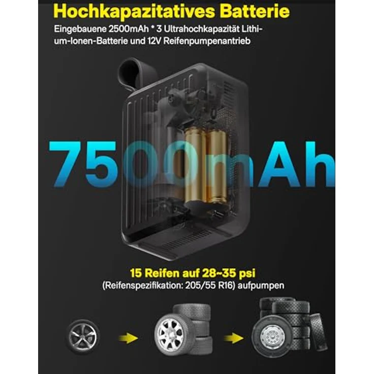 HOTO Elektrische Luftpumpe Pro 120PSI Akku Luftpumpe Fahrrad, Mini Kompressor mit 7500mAh Akku, Wiederaufladbarer Fahrradpumpe Elektrisch mit Digitale Anzeige LED Licht 5 Modi, Schwarz – Bild 4