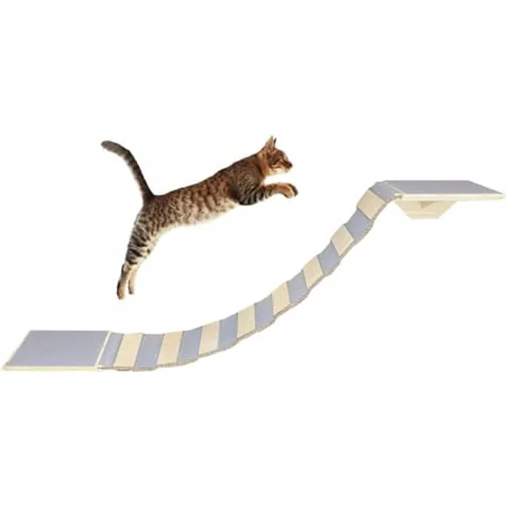 QLS Katzenbrücke mit 2 Katzenliegen Set 130 cm rutschfest Wandbefestigung aus Holz (Naturholz Grau) - Teppiche austauschbar, stabilisiert, Sisal schützt die Wand