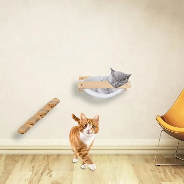 relaxdays Katzen-Hängematte Wand, Polyester, mit weicher Liegefläche aus Teddyplüsch, tragbar bis 10 kg, Weiß/Natur – Bild 3