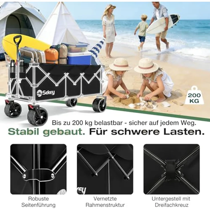 Sekey XXXL Bollerwagen, faltbar 300L, 200KG belastbar, All-Terrain-Räder 17x10 cm, patentierter 4-Wege-Sofortaufbau, schwarz – Bild 5