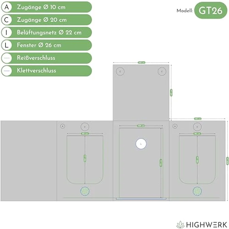HIGHWERK Growzelt 140 x 140 x 200 cm, Indoor Grow Tent, lichtdicht schwarz-grün, mit hoher Lichtreflexion, für Pflanzen und Kräuter – Bild 2