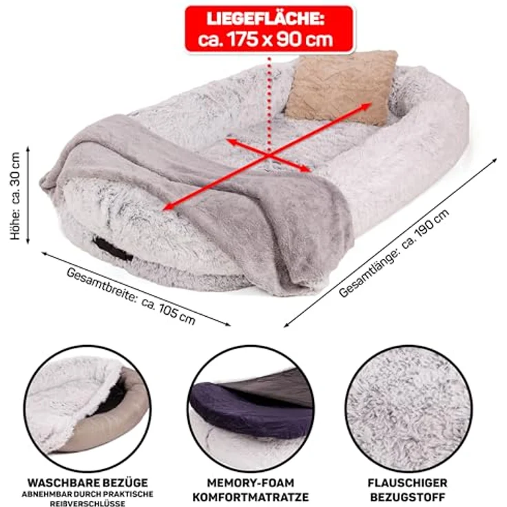 LITTLE LORD | Hundebett, Hundekorb XXL-Bett Ceddie für sehr große Hunde, hellgrau 190 x 105 x 30cm, Schlaf-Set für Mensch & Tier - inkl. Decke & Kissen – Bild 2