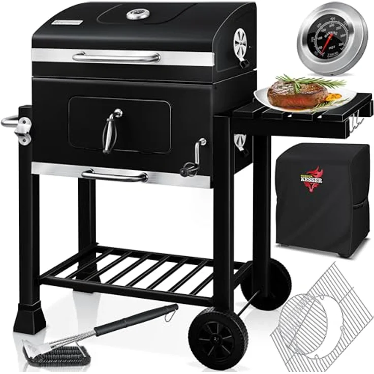 KESSER® Grill Grillwagen XL Holzkohlegrill mit Deckel, Rädern, Edelstahl-Griff, Abdeckhaube und Thermometer in Schwarz, BBQ Barbeque für Camping und Garten – Bild 1