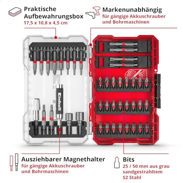 Original Einhell M-CASE 42-tlg. Bit-Set (25-mm-Bits, 50-mm-Bits, Magnethalter, Steckschlüssel, Schnellwechselbithalter inkl. Aufbewahrungsbox) – Bild 3