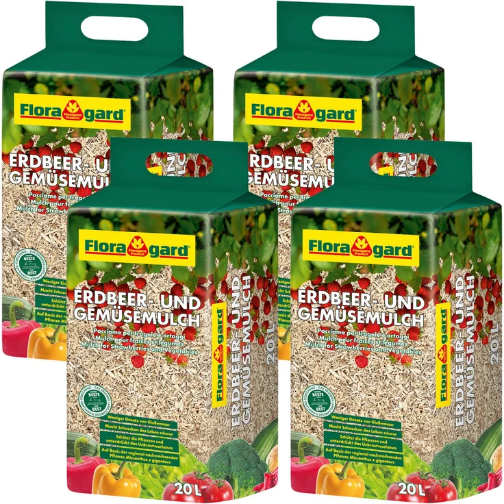 Floragard Erdbeermulch und Gemüsemulch, nachhaltiger Mulch aus Miscanthus, 4 x 20 L, pestizidfrei und unkrautreduzierend