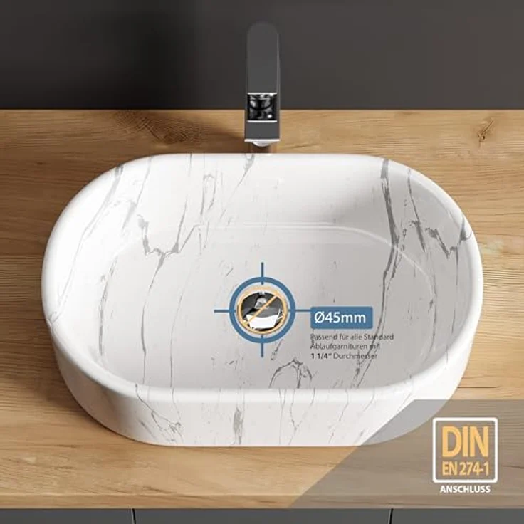 Planetmöbel Aufsatzwaschbecken Aquil Elegant, ovales Badezimmer Waschbecken 55 cm, marmor weiß, hochglänzend für Waschtisch – Bild 3