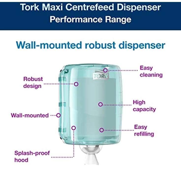 Tork Maxi Innenabrollungsspender W2, robuster Papierhandtuchspender in Weiß und Türkis, spritzwassergeschützte Haube, 44,7 cm × 32,8 cm × 30,2 cm, 653000 – Bild 2