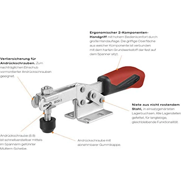 AMF Spannzwinge Nr. 6830, Waagrechtspanner mit offenem Haltearm, verzinkt, Spannbereich 0,8-1,1 cm, ergonomischer Handgriff – Bild 2