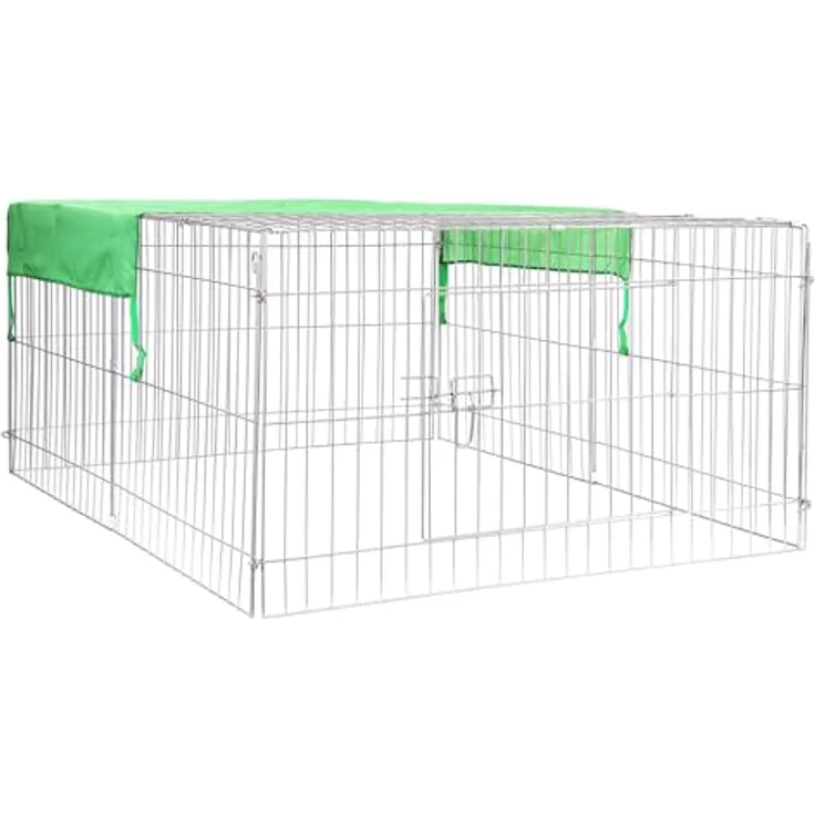 Wiltec Freilaufgehege für Kleintiere, 144 x 116 x 58 cm, stabiles und sicheres Laufstallgitter mit Sonnenschutz, verchromtes Metall, Türöffnung