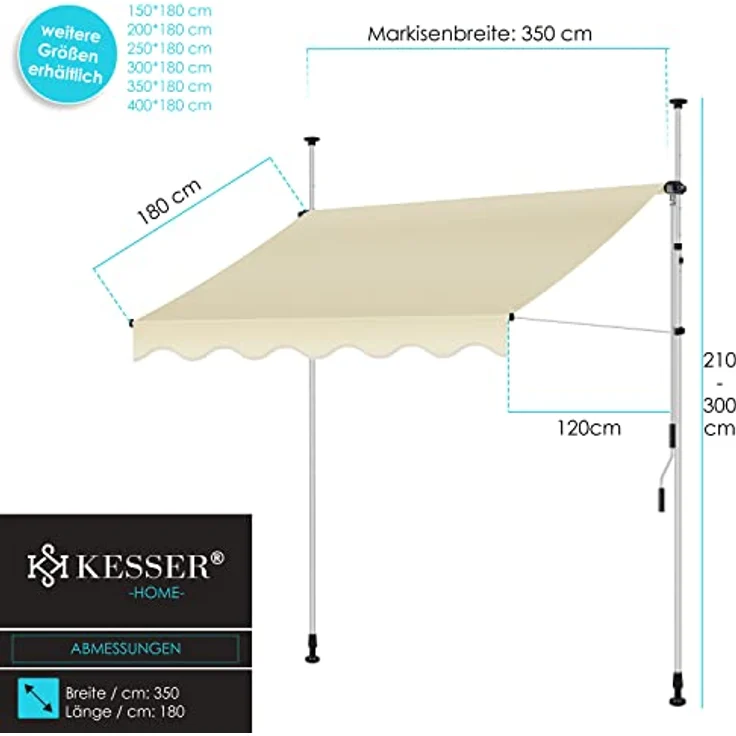 KESSER Klemmmarkise mit Handkurbel Balkon, Balkonmarkise ohne Bohren, UV-beständig höhenverstellbar wasserabweisend , Sonnenschutz, Terrassenüberdachung , einfache Montage Beige, 350cm – Bild 7