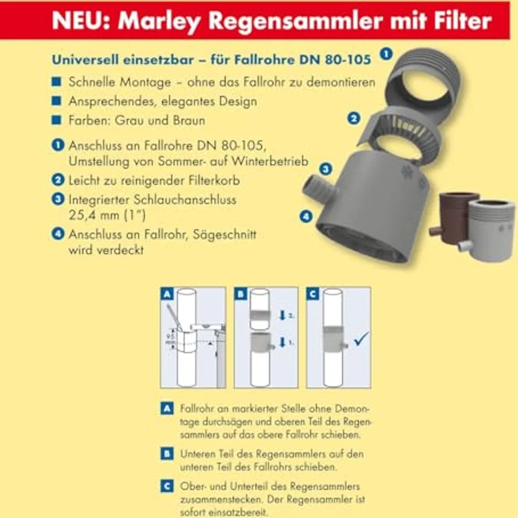 Marley Regensammler NW 105 mm, mit Filter und Überlaufstop, grau – Bild 2