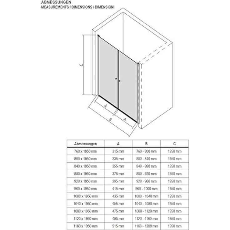 NEXTREND Nischendusche NT218 mit Doppelpendeltüren, 6 mm Nano Echtglas, Profilfarbe Schwarz matt, Breite 1000 mm – Bild 7