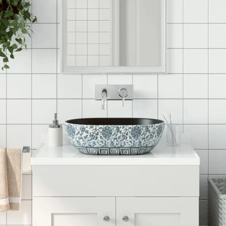 vidaXL Aufsatzwaschbecken Schwarz und Blau, handgefertigtes Keramik Waschbecken mit auffälligem Muster und langlebiger Oberfläche – Bild 2