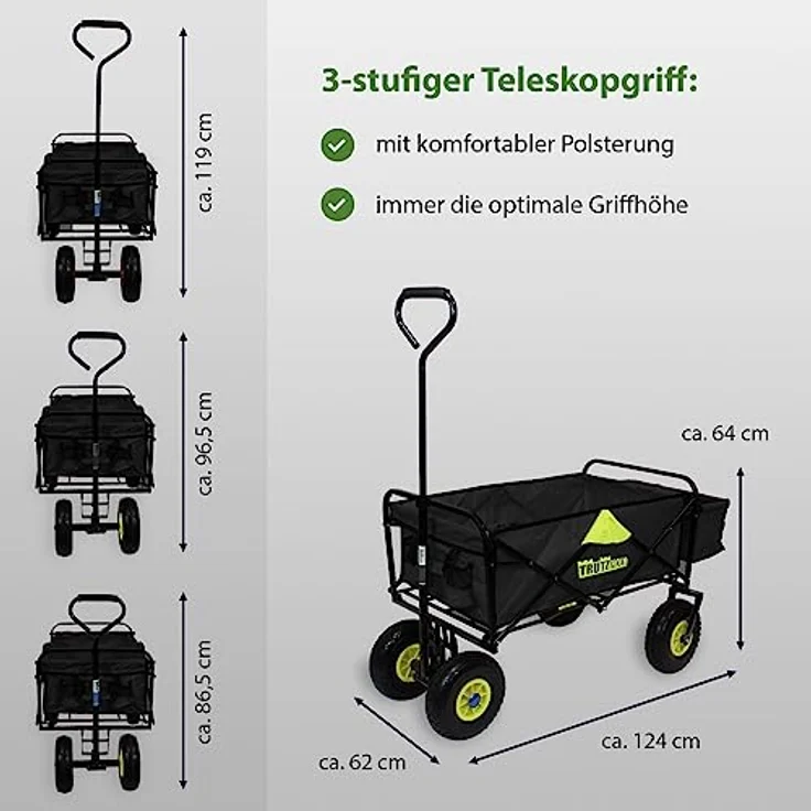 TRUTZHOLM Falt-Bollerwagen mit Vollgummi-Rädern, Hecktasche und Teleskopgriff, schwarz – Bild 3