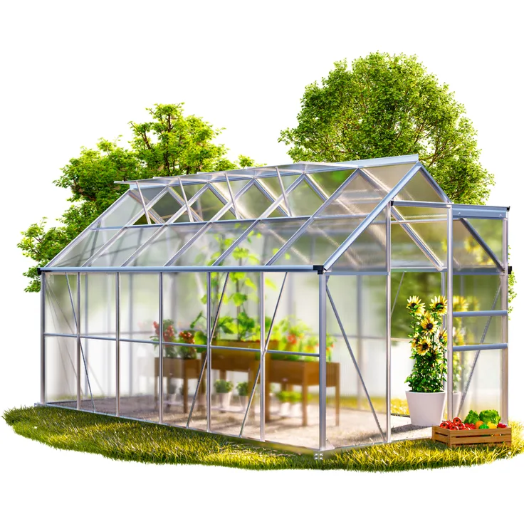 GARDEBRUK® Gewächshaus Aluminium 7,2m² mit Fundament 380x190cm, inkl. 4 Dachfenster, stabil mit Regenrinne, für Garten und Anzucht, 11,8m³