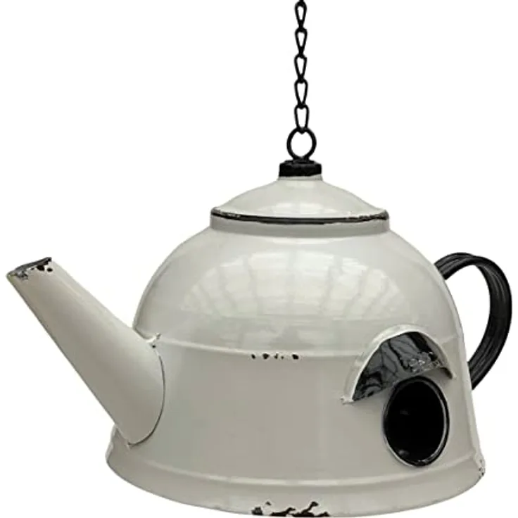 DanDiBo Vogelhaus zum Aufhängen Metall Deko Teekessel wetterfest 521862 Nistkasten Teekanne Futterstation für Vögel Shabby mit Kette Metallkanne Kanne Balkon