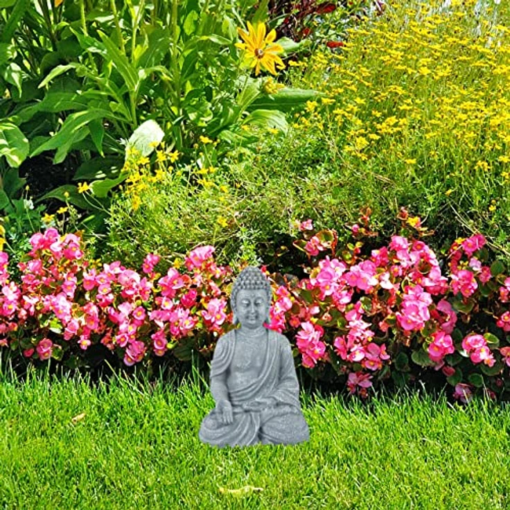 Relaxdays Buddha Figur sitzend, 30 cm, Gartenfigur, Dekofigur Wohnzimmer, Keramik, wetterfest, frostsicher, hellgrau – Bild 4