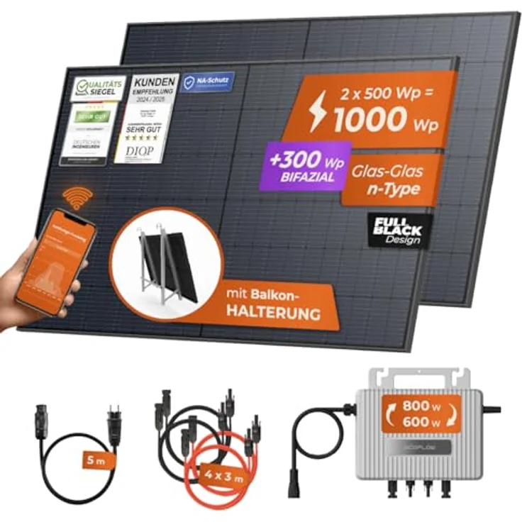 Solarway® Balkonkraftwerk 1000Wp / 800W, komplettes Set mit EcoFlow Stream 800W Wechselrichter, 2x 500W bifazialen Black Solarmodulen, WiFi-Überwachung und Zubehör – Bild 3