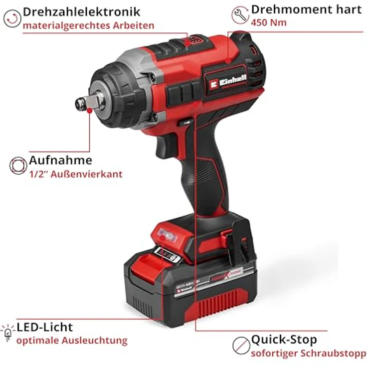 Einhell Professional Akku-Schlagschrauber IMPAXXO 18/450, 18 V, 450 Nm, Brushless, inkl. 4 Ah Akku, Ladegerät, Nuss-Set – Bild 4