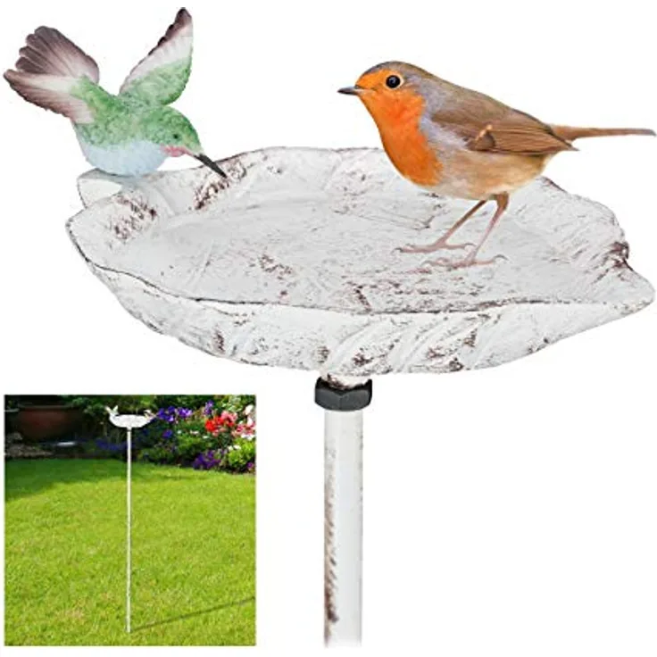 Relaxdays Gusseisen Vogeltränke zum Stecken, mit Erdspieß, Gartendeko, Vogelfutterstelle, Wasserschale 1m hoch, weiß