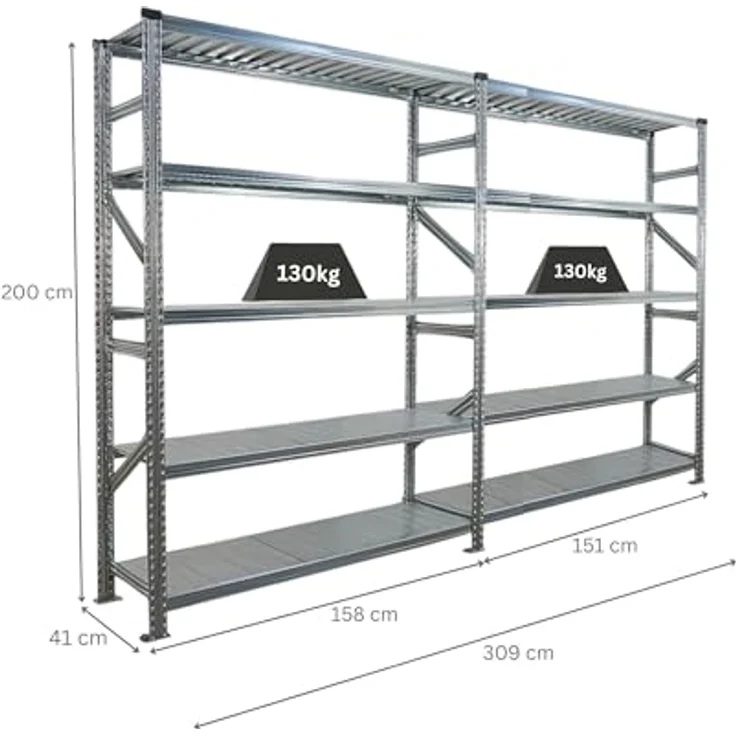 Proregal PROXIMO Metallregal, Schraubenloses Fachbodenregal, 200x300x50 cm, Traglast 130 kg pro Boden, 5 Böden, verzinkter Stahl – Bild 2