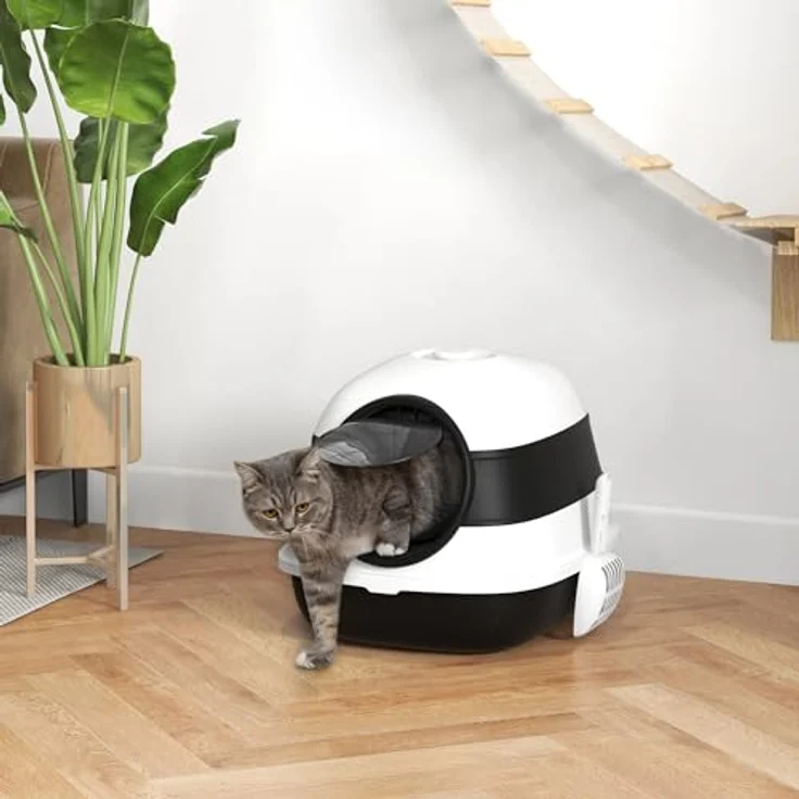 PawHut Katzentoilette mit Deckel, inkl. Deodorant, Bodengitter, Streuschaufel, für Katzen bis 5 kg, Weiß+Schwarz, 52 x 41 x 38 cm – Bild 2