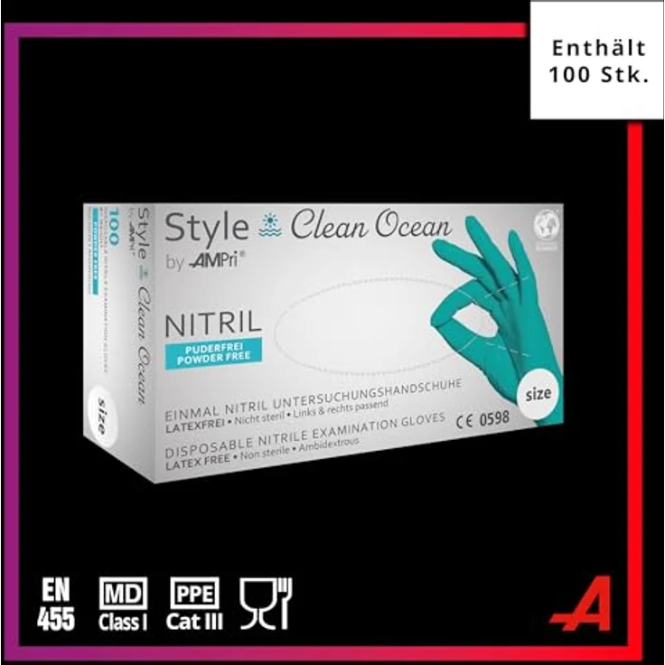 AMPri Nitrilhandschuhe, türkis, 100 Stück/Box, Größe XL, puderfrei, Style CLEAN OCEAN by Med-Comfort: Einmalhandschuhe aus Nitril in den Größen XS, S, M, L, XL. – Bild 2