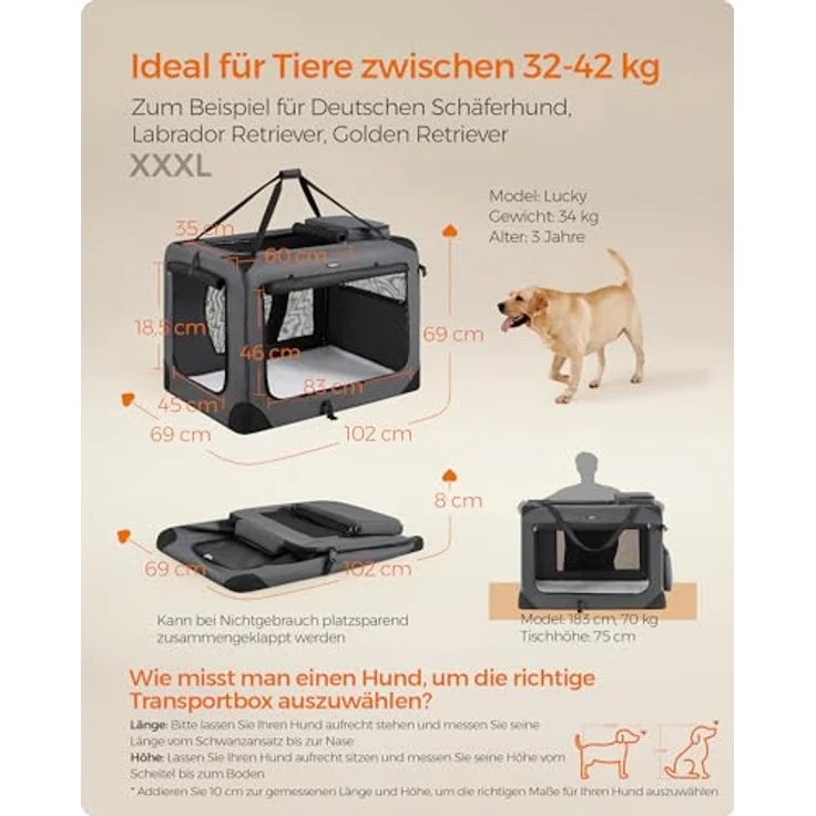 Feandrea Hundebox faltbar, Transportbox Hund, XXXL, atmungsaktiv tragbar, grau PDC10G01 – Bild 3