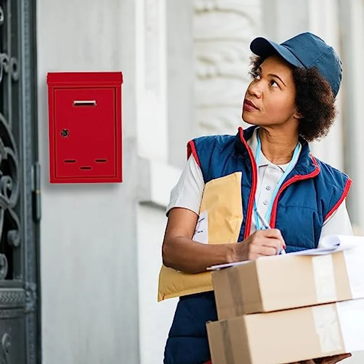 Relaxdays Briefkasten mit Namensschild, aus Metall, mit 2 Schlüsseln, Postkasten schmal, HxBxT: 30,5 x 21 x 7 cm, rot, 1 Stück – Bild 2