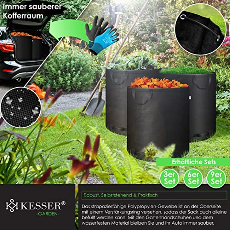 KESSER® Gartensack 3x 272L Set Laubsack Gartenabfallsack inkl. Handschuhe - Selbststehend 4 Griffe Stabil Robust & Faltbar - Laubsäcke Rasenschnitt für Gartenabfälle Grünschnitt Schwarz - Preisvergleich – Bild 4