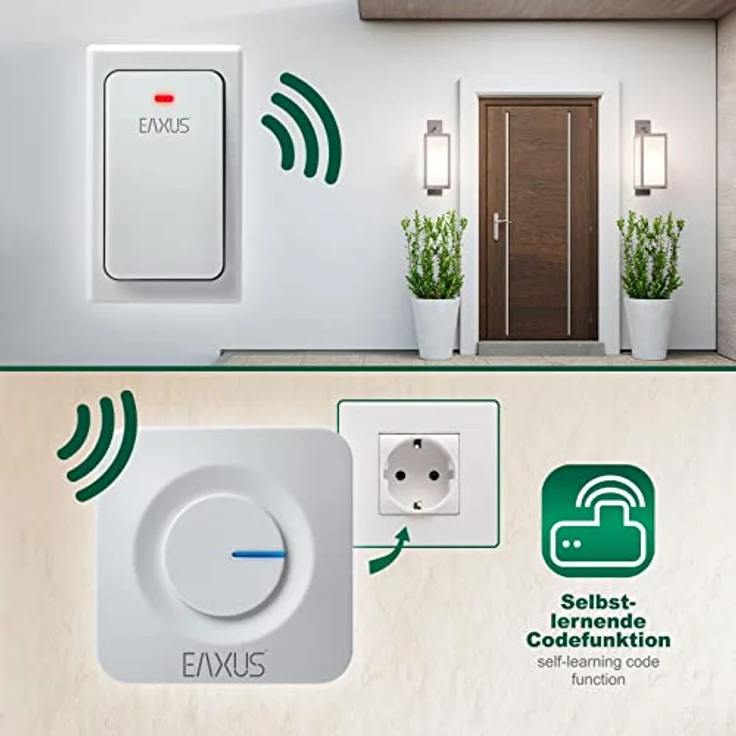 Eaxus® Funk Türklingel - Batterielose Funkklingel, Kinetisch, IP44 Wasserdicht, 36 Melodien, LED Anzeige, Weiß – Bild 2