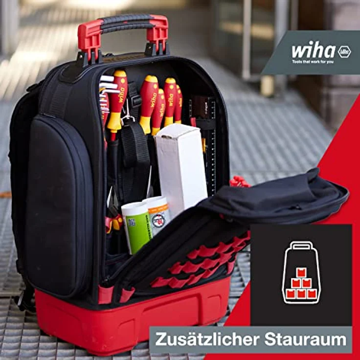 Wiha Elektriker Werkzeugrucksack 27-tlg. I mit Elektriker Grundausstattung I stabiler Standboden I mit Laptopfach I Taschen für Zubehör (45528) – Bild 2