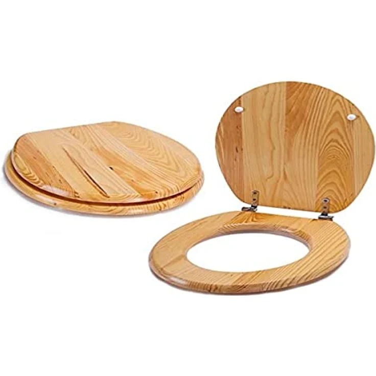 MSV WC-Sitz Kiefer-Design, MDF, 37 cm x 45 cm x 5,6 cm, braun, mit Anti-Rutsch-Noppen und rostfreien Edelstahl-Scharniere – Bild 1
