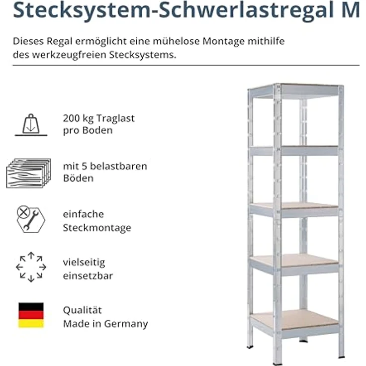 SCHULTE Regalwelt Schwerlastregal mit 5 Holzböden, 180x45x45 cm (HxBxT), Traglast pro Ebene ca. 200 Kg, verzinkt, Lagerregal, Kellerregal, Werkstattregal, Steckregal – Bild 3